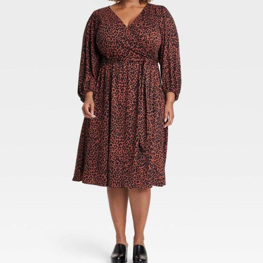 Women's Balloon Long Sleeve Knit V-Neck Faux Wrap MIDI Dress | Ava & Viv | 3X